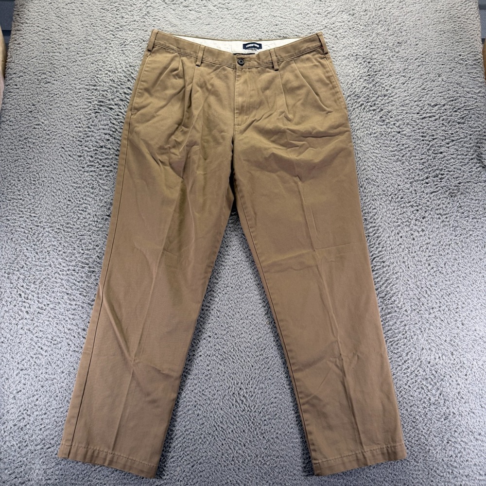 Lands' End Pant Mens 36x31 Beige Cotton Chino Straight-Leg Pleated Preppy Office